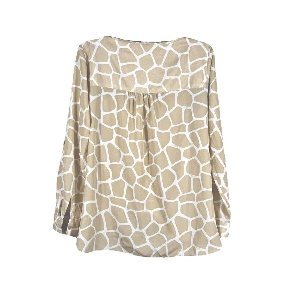Michael Kors Giraffe Print Blouse Women M Roll Tab Sleeve Keyhole Beige